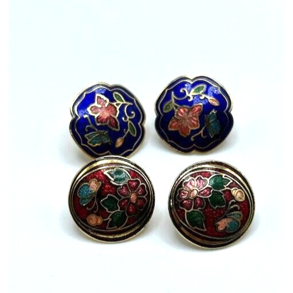 Set‎ Of 2 Round Domed Cloisonne Stud Earrings Red Blue Enamel Painted Flower